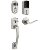 Kwikset 938 Halo Electronic Keypad WiFi Enabled Deadbolt with Prescott Handleset and Tustin Interior Lever Combo Pack with SmartKey Satin Nickel