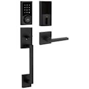 Kwikset 918 Contemporary Electronic Touchscreen Deadbolt with San Clemente Handleset and Halifax Interior Lever Combo Pack with SmartKey and Z-Wave Technology Matte Black