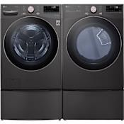 LG 27 Inch Wide 4.5 Cu. Ft. Front Load Washer and 7.4 Cu. Ft. Electric Dryer Laundry Pair with Pedestal Storage Drawers and TurboWash Black Steel