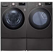 LG 27 Inch Wide 4.5 Cu. Ft. Front Load Washer and 7.4 Cu. Ft. Gas Dryer Laundry Pair with Pedestal Storage Drawers and SmartWash Black Steel