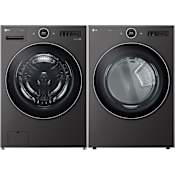 LG 27 Inch Wide 5 Cu. Ft. Front Load Washer and 7.4 Cu. Ft. Front Load Gas Dryer Laundry Pair with ezDispense Automatic Dispenser Black Steel