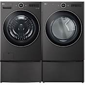 LG 27 Inch Wide 5 Cu. Ft. Front Load Washer and 7.4 Cu. Ft. Gas Dryer Laundry Pair with Pedestal Storage Drawers and Smart Pairing Black Steel