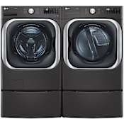 LG 29 Inch Wide 5.2 Cu. Ft. Front Load Washer and 9 Cu. Ft. Front Load Gas Dryer Laundry Pair with Pedestal Storage Drawers Black Steel