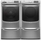 Maytag 27 Inch Wide 5 Cu. Ft. Washer and 27 Inch Wide 7.3 Cu. Ft. Electric Dryer Laundry Pair with Storage Pedestal and Advanced Moisture Sensing Plus Metallic Slate