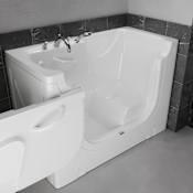 MediTub 60" Fiberglass Soaking Walk In Tub for Alcove, Corner, or Single Wall Installations with Left Drain, Drain Assembly, Fast Filling Roman Tub Filler and Hand Shower White