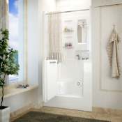 MediTub 40" Acrylic Soaking Walk In Tub for Alcove, Corner, or Single Wall Installations with Right Drain, Drain Assembly, Overflow, Roman Tub Filler and Hand Shower White