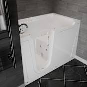MediTub 60" Fiberglass Whirlpool Walk In Tub for Alcove Installations with Left Drain, Powered Fast Drain, Overflow, Roman Tub Filler and Hand Shower White