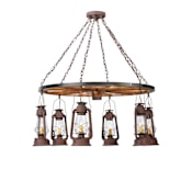 Meyda Tiffany 40" W Miners Lantern Wagon Wheel 6 Light Chandelier Rust