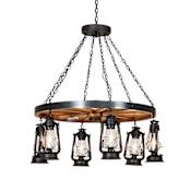 Meyda Tiffany Miners Lantern Wagon Wheel 6 Light 40" Wide Lantern Chandelier Natural Wood / Wrought Iron
