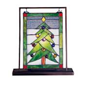 Meyda Tiffany Christmas Tree 9-1/2" Wide x 10-1/2" Tall Lighted Stained Glass Tabletop Panel Mahogany Bronze