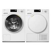 Miele 24 Inch Wide 2.26 Cu. Ft. Front Load Washer with SoftSteam Cycle and 24 Inch Wide 4.26 Cu. Ft. Electric Heat Pump Dryer Laundry Pair Lotus White