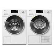 Miele 24 Inch Wide 2.26 Cu. Ft. Front Load Washer and 24 Inch Wide 4.26 Cu. Ft. Electric Heat Pump Dryer Laundry Pair with Wash2Dry Technology Lotus White