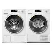 Miele 24 Inch Wide 2.26 Cu. Ft. Front Load Washer with Machine Sensor Control and 24 Inch Wide 4.26 Cu. Ft. Electric Heat Pump Dryer Laundry Pair Lotus White