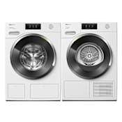 Miele 24 Inch Wide 2.26 Cu. Ft. Front Load Washer with M Touch Control and 24 Inch Wide 4.26 Cu. Ft. Electric Heat Pump Dryer Laundry Pair Lotus White