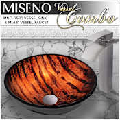 Miseno Circular 16-1/2" Tempered Glass Vessel Bathroom Sink with Contemporary Single Handle Waterfall Vessel Faucet & Pop-Up Drain Brushed Nickel Faucet