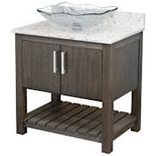 Miseno 30" Free Standing Single Basin Vanity Set with Cabinet, Rectangular Glass Vessel Sink and Quartz Vanity Top Cafe Mocha / Cafe Mocha Top / Brushed Nickel Hardware