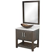 Miseno 30" Free Standing Single Basin Vanity Set with Cabinet, Quartz Vanity Top, Oval Glass Vessel Sink and Mirror Cafe Mocha / Cafe Mocha Top / Brushed Nickel Hardware