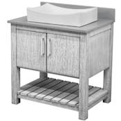 Miseno 30" Free Standing Single Basin Vanity Set with Cabinet, Porcelain Vessel Sink and Grey Quartz Vanity Top Stonewash Grey / Storm Grey Top / Brushed Nickel Hardware