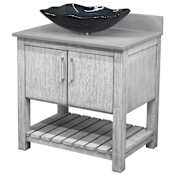 Miseno 30" Free Standing Single Basin Vanity Set with Cabinet, Rectangular Glass Vessel Sink and Grey Quartz Vanity Top Stonewash Grey / Storm Grey Top / Brushed Nickel Hardware