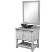 Miseno 30" Free Standing Single Basin Vanity Set with Cabinet, Grey Quartz Vanity Top, Oval Glass Vessel Sink and Mirror Stonewash Grey / Storm Grey Top / Brushed Nickel Hardware