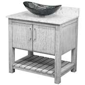 Miseno 30" Free Standing Single Basin Vanity Set with Cabinet, Oval Glass Vessel Sink and Quartz Vanity Top Stonewash Grey / Cafe Mocha Top / Brushed Nickel Hardware
