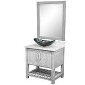 Miseno 30" Free Standing Single Basin Vanity Set with Cabinet, Quartz Vanity Top, Oval Glass Vessel Sink and Mirror Stonewash Grey / Cafe Mocha Top / Brushed Nickel Hardware