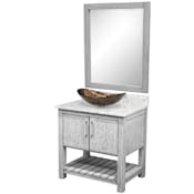 Miseno 30" Free Standing Single Basin Vanity Set with Cabinet, Quartz Vanity Top, Oval Glass Vessel Sink and Mirror Stonewash Grey / Cafe Mocha Top / Brushed Nickel Hardware