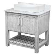 Miseno 30" Free Standing Single Basin Vanity Set with Cabinet, Porcelain Vessel Sink and Marble Vanity Top Stonewash Grey / Carrara White Top / Brushed Nickel Hardware