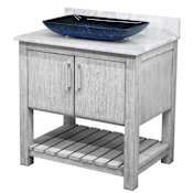 Miseno 30" Free Standing Single Basin Vanity Set with Cabinet, Rectangular Glass Vessel Sink and Marble Vanity Top Stonewash Grey / Carrara White Top / Brushed Nickel Hardware
