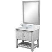 Miseno 30" Free Standing Single Basin Vanity Set with Cabinet, Marble Vanity Top, Oval Glass Vessel Sink and Mirror Stonewash Grey / Carrara White Top / Brushed Nickel Hardware