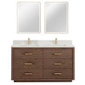 Miseno Porto 60" Free Standing Double Basin Vanity Set with Cabinet, Quartz Vanity Top, and Framed Mirrors Aged Dark Brown Oak / Fish Maw White