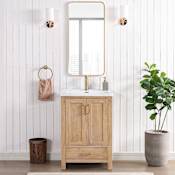 Miseno Gela 24" Free Standing Single Basin Vanity Set with Cabinet, Ceramic Vanity Top, and Framed Mirror Fir Wood Brown / White
