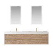 Miseno Palencia 84" Wall Mounted Double Basin Vanity Set with Cabinet, Composite Stone Vanity Top and Mirror North American Oak