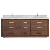 Miseno Porto 84" Free Standing Double Basin Vanity Set with Cabinet and Quartz Vanity Top Aged Dark Brown Oak / Fish Maw White