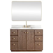Miseno Oza 48" Free Standing Single Basin Vanity Set with Cabinet, Quartz Vanity Top and Mirror Aged Dark Brown Oak