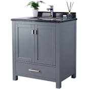 Miseno Prim 30" Free Standing Vanity Set with Grey Solid Oak Cabinet, Quartz or Cultured Marble Top, and Undermount Sink - Mirror Sold Separately Grey / Black Top