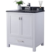 Miseno Prim 30" Free Standing Vanity Set with White Solid Oak Cabinet, Quartz or Cultured Marble Top, and Undermount Sink - Mirror Sold Separately White / Black Top