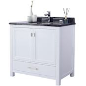 Miseno Prim 36" Free Standing Vanity Set with White Solid Oak Cabinet, Quartz or Cultured Marble Top, and Undermount Sink - Mirror Sold Separately White / Black Top