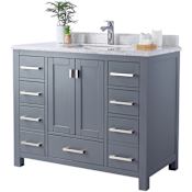 Miseno Prim 42" Free Standing Vanity Set with Grey Solid Oak Cabinet, Cultured Marble Top, and Undermount Sink - Mirror Sold Separately Grey / Carrara White Top