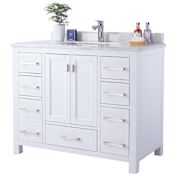 Miseno Prim 42" Free Standing Vanity Set with White Solid Oak Cabinet, Cultured Marble Top, and Undermount Sink - Mirror Sold Separately White / Carrara White Top