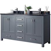 Miseno Prim 60" Free Standing Vanity Set with Grey Solid Oak Cabinet, Cultured Marble Top, and Undermount Sink - Mirror Sold Separately Grey / Black Top