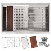 Miseno 32" Single Basin Workstation Undermount Sink - Drain Assembly, Cutting Board, Colander and Basin Rack Included Free 16 Gauge Stainless Steel