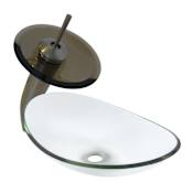 Miseno Oval 21-1/2" Tempered Glass Vessel Bathroom Sink with Single Handle Waterfall Vessel Faucet & Pop-Up Drain Brushed Nickel/Brown Glass Faucet