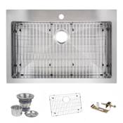 Miseno 33" Top-Mount/Undermount Single Basin Stainless Steel Kitchen Sink - Drain Assembly and Fitted Basin Rack Included Free 16 Gauge Stainless Steel