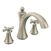 Moen Wynford Deck Mounted Roman Tub Filler Trim with Metal Cross Handles Brushed Nickel