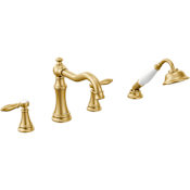 Moen Weymouth Deck Mounted Roman Tub Faucet Trim with Personal Hand Shower and Built-In Diverter (Less Valve) Brushed Gold