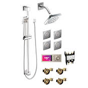 Moen 90 Degree Shower System with Rain Shower, Arm/Flange, Hand Shower, Drop Ell, Controller, Valve, Body Sprays, and Body Spray Rough-Ins Chrome