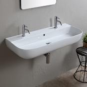 Nameeks Scarabeo Glam 38" Rectangular Ceramic Vessel or Wall Mounted Bathroom Sink with Two Faucet Holes - Includes Overflow White