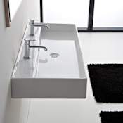 Nameeks Scarabeo 47-1/4" Ceramic Bathroom Sink for Vessel or Wall Mounted Installation with Two Faucet Holes - Includes Overflow White