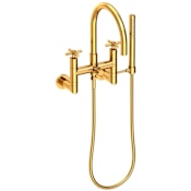 Newport Brass East Linear Wall Mounted Tub Filler with Cross Handles and Built-In Diverter - Includes Hand Shower Aged Brass